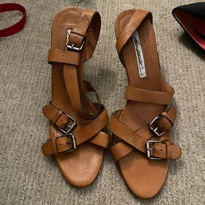 Brian Atwood brown leather buckle sandal heels
